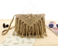 Fashion casual straw bag hollow tassel beach bag flip hand woven bag cotton rope shoulder bag Crossbody