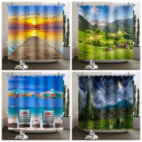 Mountain Scenery Shower Curtain Sunset Sky Cloud Landscape Bathtub Screen Waterproof Fabric Bathroom Curtain with Hooks 180x200