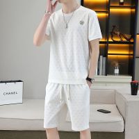 【July hot】 hot style mens short-sleeved suit sports breathable casual two-piece embroidery jacquard slim fit handsome jacket