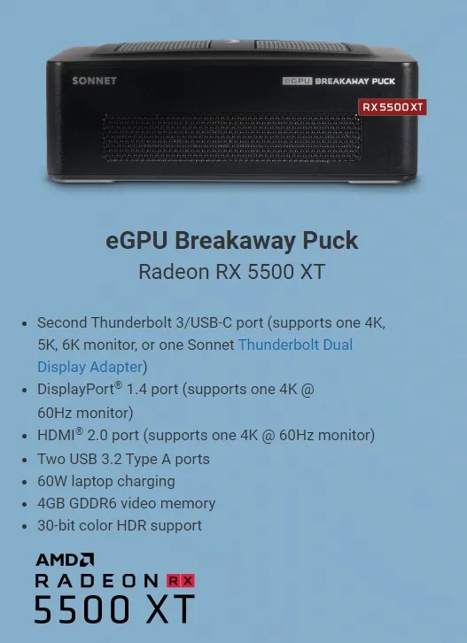 eGPU Breakaway Puck Radeon RX 5500 XT-