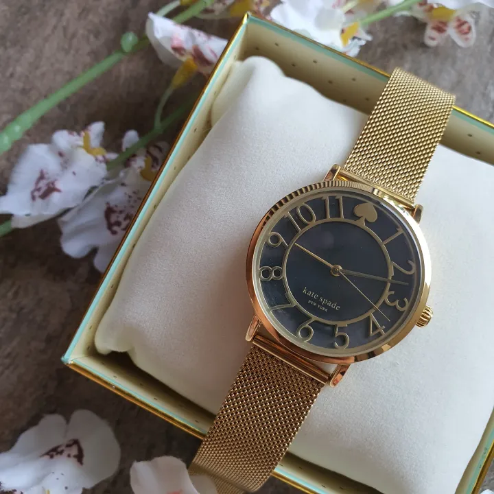 Kate Spade Metro Threehand Black Dial Gold Tone Mesh Strap Stainless