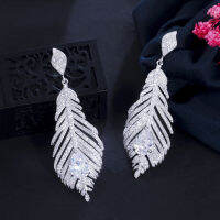 ThreeGraces Sparkling Cubic Zirconia Long Leaf Feather Drop Earrings for Ladies New Fashion Wedding Jewelry Halloween Gift ER714