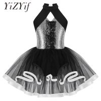 ﹊✎ Kids Girls Sequins Ballet Dance Tutu Dress Ruffle Lace Hollow Back Mesh Gymnastics Skirted Leotard Modern Latin Jazz Dance Wear