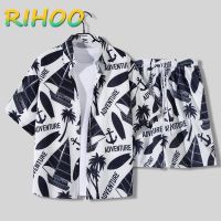 HOT ●8-18☇ RIHOO กางเกงชายหาดสำหรับเสื้อดอกไม้แขนสั้นผู้ชายคู่ท่องเที่ยววันหยุดชุดหลวมชุดลำลองกลาง Pantsjavas