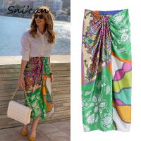 Split Knots Wrap Midi Skirt Za  Women Paisley Print Oversize Casual Boho Faldas Mujer Summer Vintage Jupe Femme Long Skirts