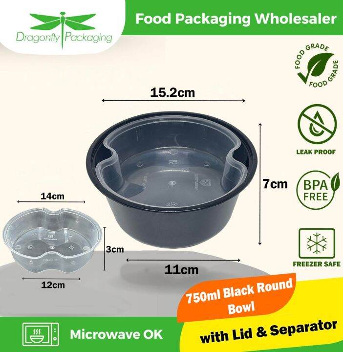 750ml Black Round Microwavable Container with Liner Separator 300pcs ...