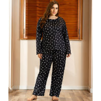 DOIB Plus Size Sleepwear Set Women Black Print T-Shirt Trousers Large Size Homewear Two Pieces Suit Nightwear Sleepwear Pajamas