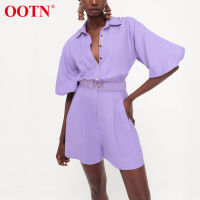 OOTN Casual Purple Playsuits Lantern Sleeve Women Short Jumpsuits Buttons High Waist Bodysuits Ladies Rompers Cotton Khaki 2021