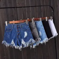 Korean Version Of High-Waisted Breasted Raw Edge Ripped Denim Shorts Fat Mm Loose Slim Wide-Leg Pants Womens Summer Sexy Aa Hot