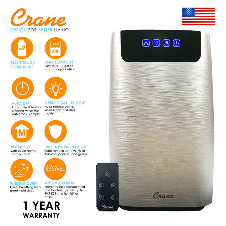Crane 4in1 TRUE HEPA Cool & Warm Mist Humidifier, UV Air Purifier
