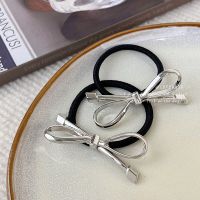 Sweet Cool Style Metal Bow Hair Rope Simple Cold Style Silver Sweet and Spicy Hair Band High Elastic Ponytail Rubber Band Hair Accessories