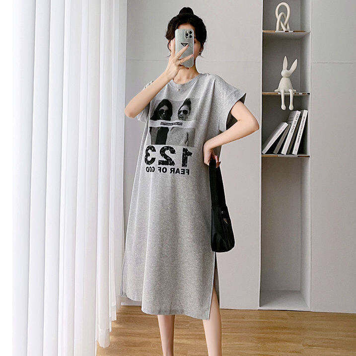 naza-trend-store-free-shipping-ชุดฤดูร้อนสำหรับคนท้องเสื้อแขนสั้นแฟชั่นฤดูร้อนผ่าข้างเหนือเข่าชุดหลวมเสื้อยืดฤดูร้อนกระโปรงยาว
