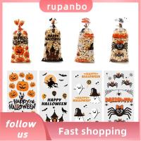 RUPANBO039392692 50pcs กระเป๋าใส่ขนม ถุงขนมฮาโลวีน กระดาษแก้วโปร่งใส หลอกหรือปฏิบัติ ถุงห่อขนม น่ารักน่ารักๆ ไม้ตีฟักทอง แพ็คถุงของขวัญ ตกแต่งฮาโลวีน