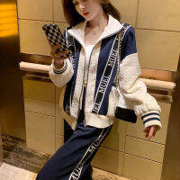 Fashion Texture Suit Cha Style Sports Casual Patchwork High Waist Jogger Pants Two Piece Set Womens Clothes Loose