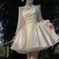 A CW】Lolita Off White Long Dresses For Women Cheongsams New Chinese Daily Style Little Chap Vintage Clothes Graduation Fairy Lovely