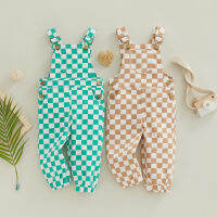 0-4Y แฟชั่นเด็กชายหญิง Overalls Jumpsuit ฤดูใบไม้ผลิฤดูร้อนฤดูใบไม้ร่วงลายสก๊อตกระเป๋าด้านหน้าสแควร์คอ Romper กางเกง