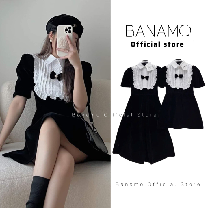 Váy Nhung chính hãng Banamo Fashion đầm nhung đen cổ nơ pha bèo ...