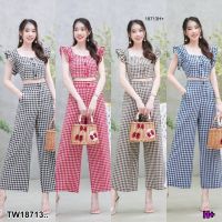 J18713 set 2 ชิ้น เสื้อครอป แขนระบาย ลายสก๊อต+ กางเกงลายสก็อต ขายาว set 2 pieces, plaid ruffle sleeve crop top + plaid pants