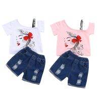 [COD] new childrens 2021 European and fashion girls slanted shoulders short-sleeved T-shirt ripped denim suit