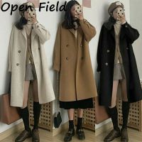 Field Women Wool Pea Coat Trendy Suit Collar Long Sleeves Over Coats Casual Solid Color Mid-Length Thickened Jacket