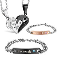 4Pcs Couple Necklace 4Pcs Couple Necklace Bracelets Matching Set Women Love Heart Pendant Men Love Heart Pendant Necklace His &amp; Hers Bracelets Couple Gif Bracelet Couple Gif Love Heart Pendant Couple Necklace