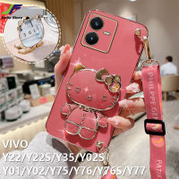 JieFie เคสโทรศัพท์เฮลโลคิตตี้น่ารักสำหรับ VIVO Y22 / Y22S / Y35 / Y02S / Y02 / Y01 / Y75 / Y76 / Y76S/Y77ชุบโครเมียมเคสกระจกแต่งหน้าฝาครอบโทรศัพท์ TPU นิ่ม + สายคล้องขาตั้ง