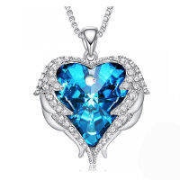 COCOM Romantic Women Angel Wings Love Heart Pendant Necklace Blue Austrian Crystals Valentines Day Jewelry Gift for Girlfriend