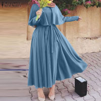 MOMONACO ZANZEA Muslimah สตรีมุสลิมแขนยาวอาหรับ Abaya Kaftan A Line เสื้อคลุมเอวยางยืดธรรมดา Swing Long Dress #50