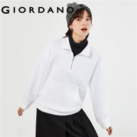 GIORDANO Women Sweatshirts Bear Embroidery Stand Collar Sweatshirts Half-Zip Kanga Pocket Fashion Casual Loose Tops 13323555