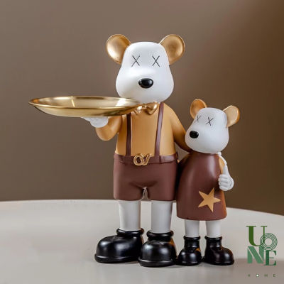 UoneHome พร้อมส่ง ♥ H067 รูปปั้นเรซิน น้องหมีคู่ถือถาด รูปปั้นตุ๊กตาหมี สำหรับตกแต่งบ้าน สำนักงาน ดีไซน์สร้างสรรค์ ของขวัญพิเศษ