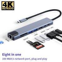 Adaptor USB C Hub 8 In 1 USB C Hub 8 In 1 Tipe C 3.1 ke 4K HDMI dengan RJ45 pembaca kartu SD/TF PD pengisian daya cepat untuk MacBook Laptop komputer