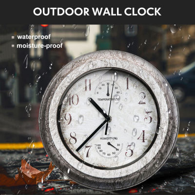 นาฬิกาแขวนผนังโลหะ,นาฬิกากลางแจ้งย้อนยุคบ้านสวนกันน้ำ12นิ้วพร้อมเครื่องวัดอุณหภูมิและความชื้น