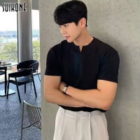 Suikone เสื้อยืดแขนสั้นคอวีสำหรับผู้ชายเสื้อยืดแขนห้าส่วนสำหรับฤดูร้อน