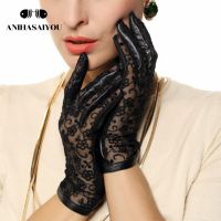 Autumn leather gloves women sheepskin gloves thin non-slip drive lace sunscreen leather touch gloves - L023N