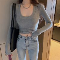 original Uniqlo NEW Autumn and winter low-round U-neck chest-revealing big T-shirt womens long-sleeved slim-fit pure cotton small machine top brushed sweater bottoming