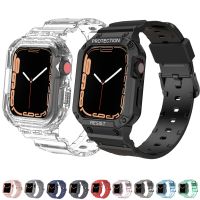 ♝☑❃ 2 w 1 sportowe przezroczyste etui na Apple Watch 8 7 6 SE 5 4 silikonowa pasek do iwatch bransoletka 40mm 44mm 42MM 38MM 41MM 45MM