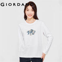 GIORDANO Women Chinese Style Series T-Shirts Grass Flowers Print Cotton Tee Crewneck Long Sleeve Fashion Casual Tshirts 99393243