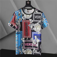 Versace เสื้อคุณภาพระดับพรีเมียมหรูแขนลำลองขาสั้นสำหรับผู้ชาย,เสื้อเสื้อยืดผ้าฝ้าย100% เสื้อยืดคอกลมพิมพ์ลายย้อนยุคใส่สบายฤดูร้อน