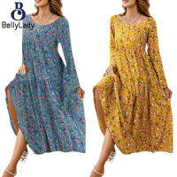 100% Polyester Blue Small Floral Print Dress Long Sleeve Round Neck Loose Casual Dress【fast】