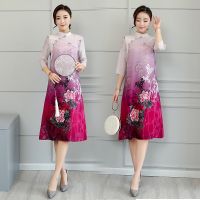 ۩ [Taobao]กี่เพ้าปรับปรุงผ้าไหมหม่อน ชุดเดรสยาวปานกลางไหมแท้สไตล์ชาติพันธุ์พิมพ์ลายวินเทจ