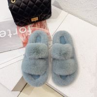 2022 Winter Women House Furry Slippers Fashion Faux Fur Warm Shoes Women Slip on Flats Female Home Slides Black Plush Slippers