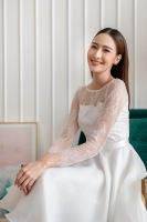 PD888-Charming-Dress-in-White :เดรสสุดหรู ช่วงเสื้อเป็นลูกไม้คอปาด แขนยาวซับในด้วยผ้าซาตินเนื้อดี กระโปรงเป็นผ้าไหมออแกนดี้สีเข้ากันซับใน