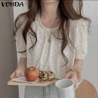 Vonda เสื้อเบลาส์ คอกลม แขนสั้น แขนพอง ลายดอกไม้ ลูกไม้ สไตล์เกาหลี สําหรับผู้หญิง