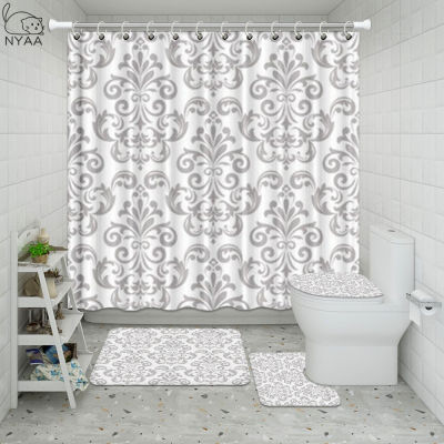 NYAA Fabric Shower Curtain Set Striped Baroque Silver Antique Black White Vintage Medieval Gold Flowers For Bathroom Decor