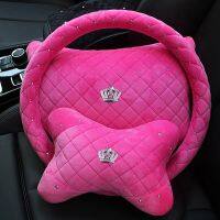 Women Pink Plush Car Neck Pillow Crystal Crown Auto Interior Headrest Seat Support Bone-Shaped Waist Pillows Car Accessories Seat Cushions