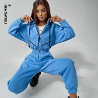 IYESWOMEN Women 2021 Winter One Piece Sportwear Suit Casual Solid Warm Fleece Jumpsuit Streetwear Zipper Hooded Romper Tracksuit