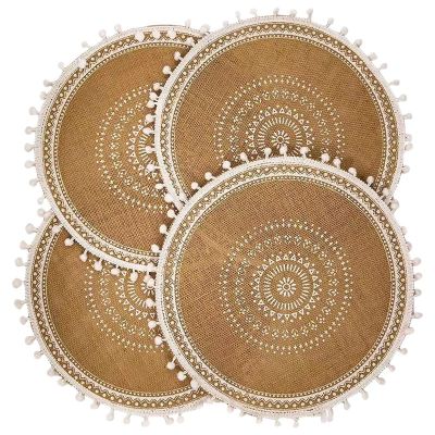 Round Placemats Set of 4,Boho Woven Jute Table Mats with Pompom Tassel for Dining Room Kitchen Table Decor