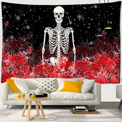 Skull Yoga Tapestry Red Flowers Datura Travel Sleeping Pad Polyester Fabric Skeleton Printed Psychedelic Wall Hanging