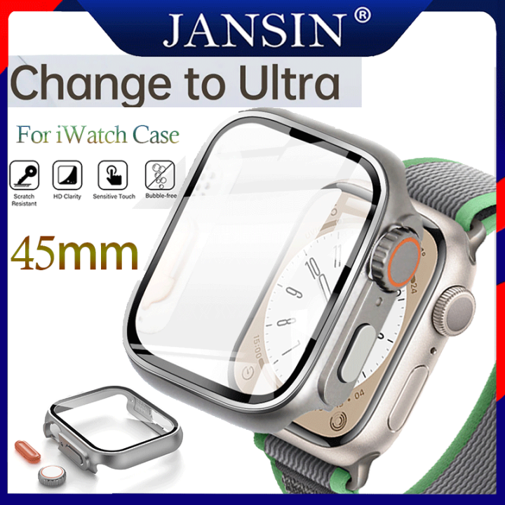 jansin-ลักษณะอัพเกรดเป็น-ultra-เคสกันรอยหน้าจอ-pc-แข็ง-พร้อมกระจกนิรภัยกันรอยหน้าจอ-สําหรับ-apple-watch-series-8-7-45-มม-เคส-i-watch-band-7-45mm