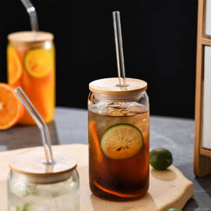 6pcs-set-drinking-glasses-can-shaped-glass-cup-clear-iced-coffee-cup-with-6-bamboo-lids-and-6-glass-straws